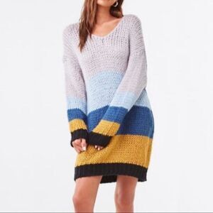 FAVLUX Grey Color Blocked Striped Open Stitched Mini Sweater Dress Size Small
